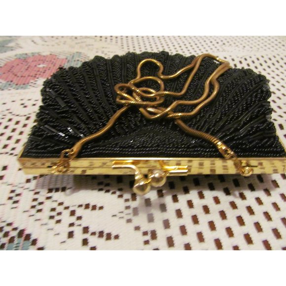 Retro Vintage Black Satin Beaded Clamshell Evening Clutch/Purse/Hand Bag - Picture 2 of 9